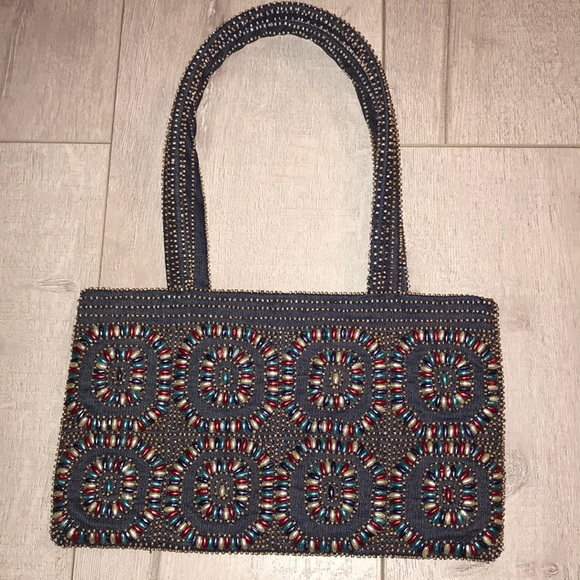 Anthropologie Handbags - Moyna denim beaded bag multicolored satin inside